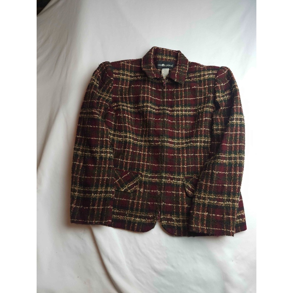 Vintage 90s Sag Harbor Blazer Jacket Womens Size 6P Multi Plaid Full Zip Tweed